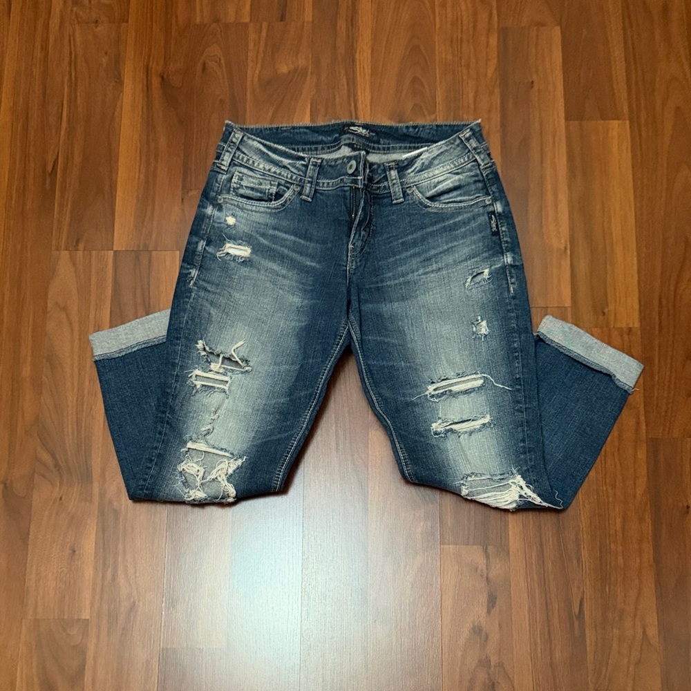 Silver Suki Dark Wash Distressed Boyfriend Jeans